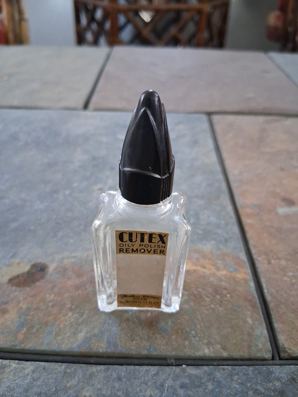 Empty 1930's Antique Cutex Oily Polish Remover Clear Glass with Black Cap